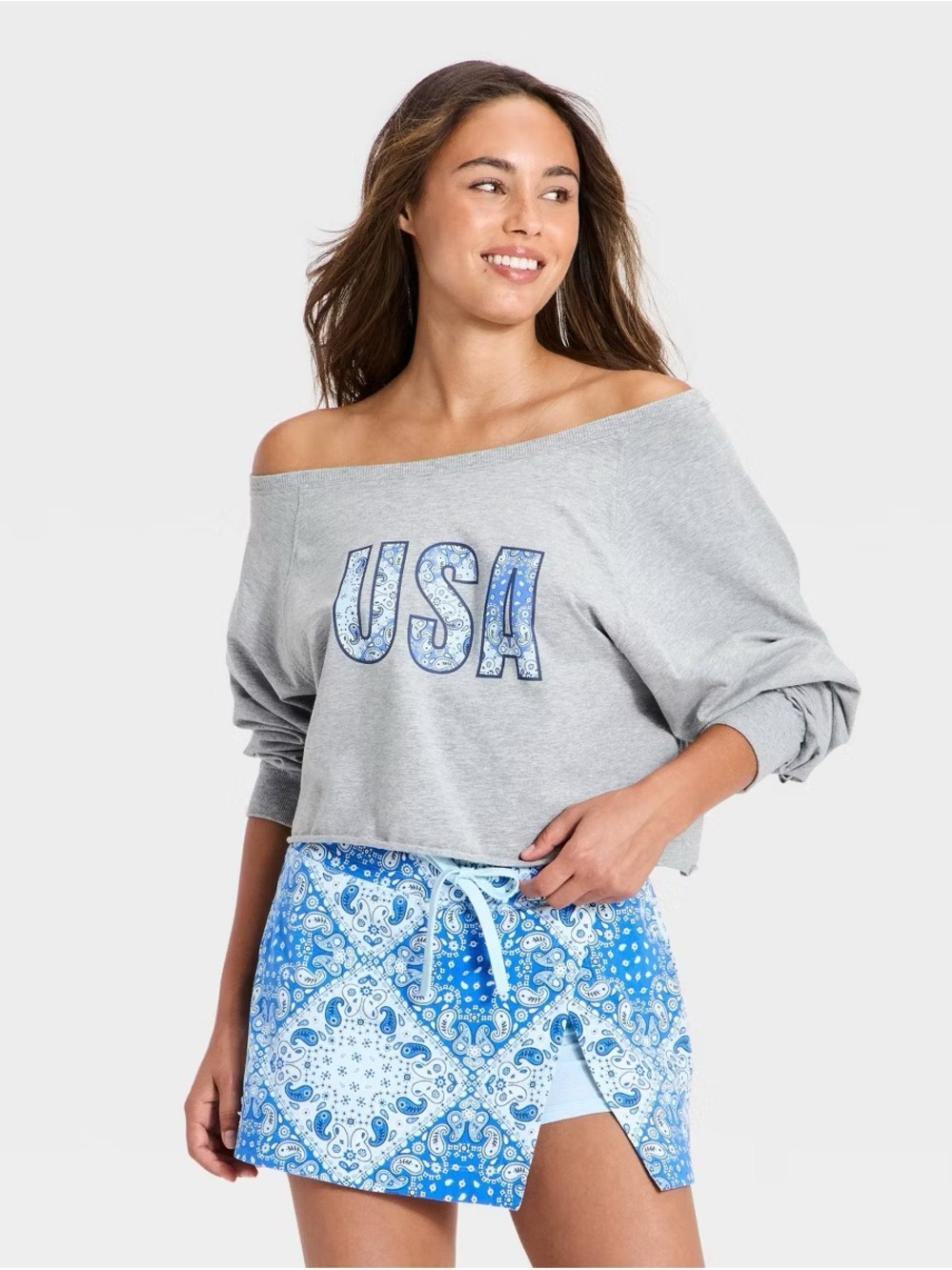 JoyLab Light Gray Off-the-Shoulder Sweatshirt with Blue Paisley 'USA' Graphic